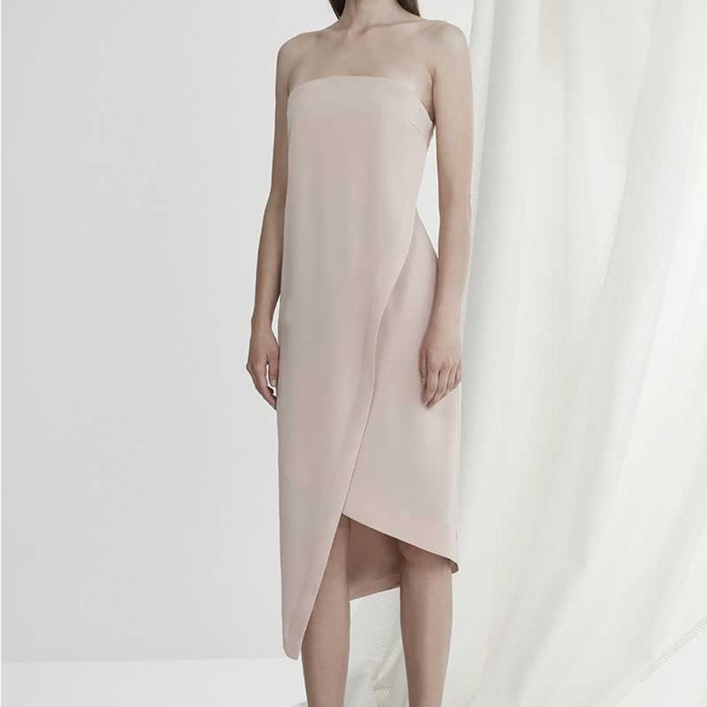 KEEPSAKE the Label Visionary Strapless Asymmetrical Dress in the Color Nude